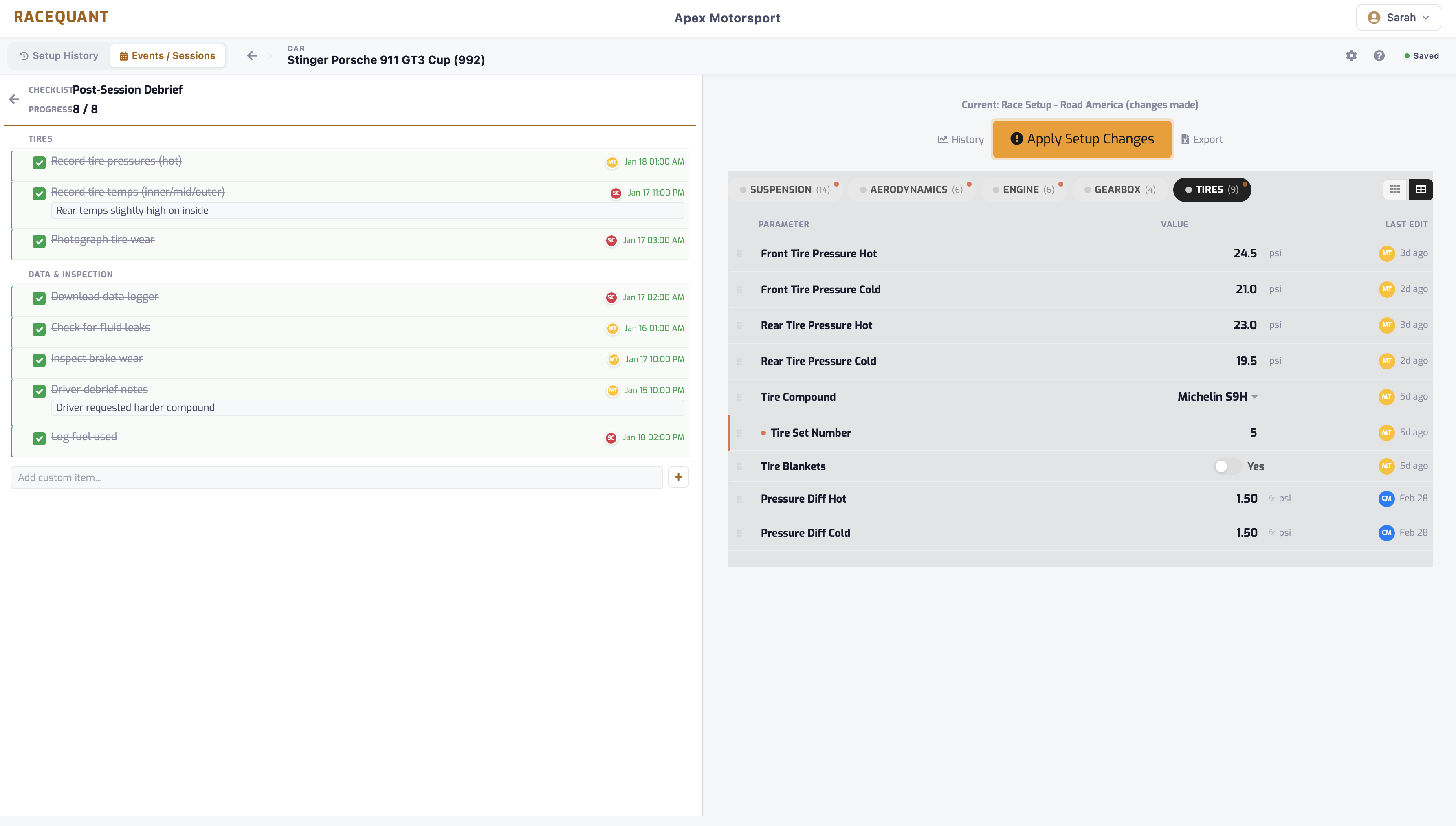 Pre-session inspection checklist with categorized items, completion progress, and team member timestamps