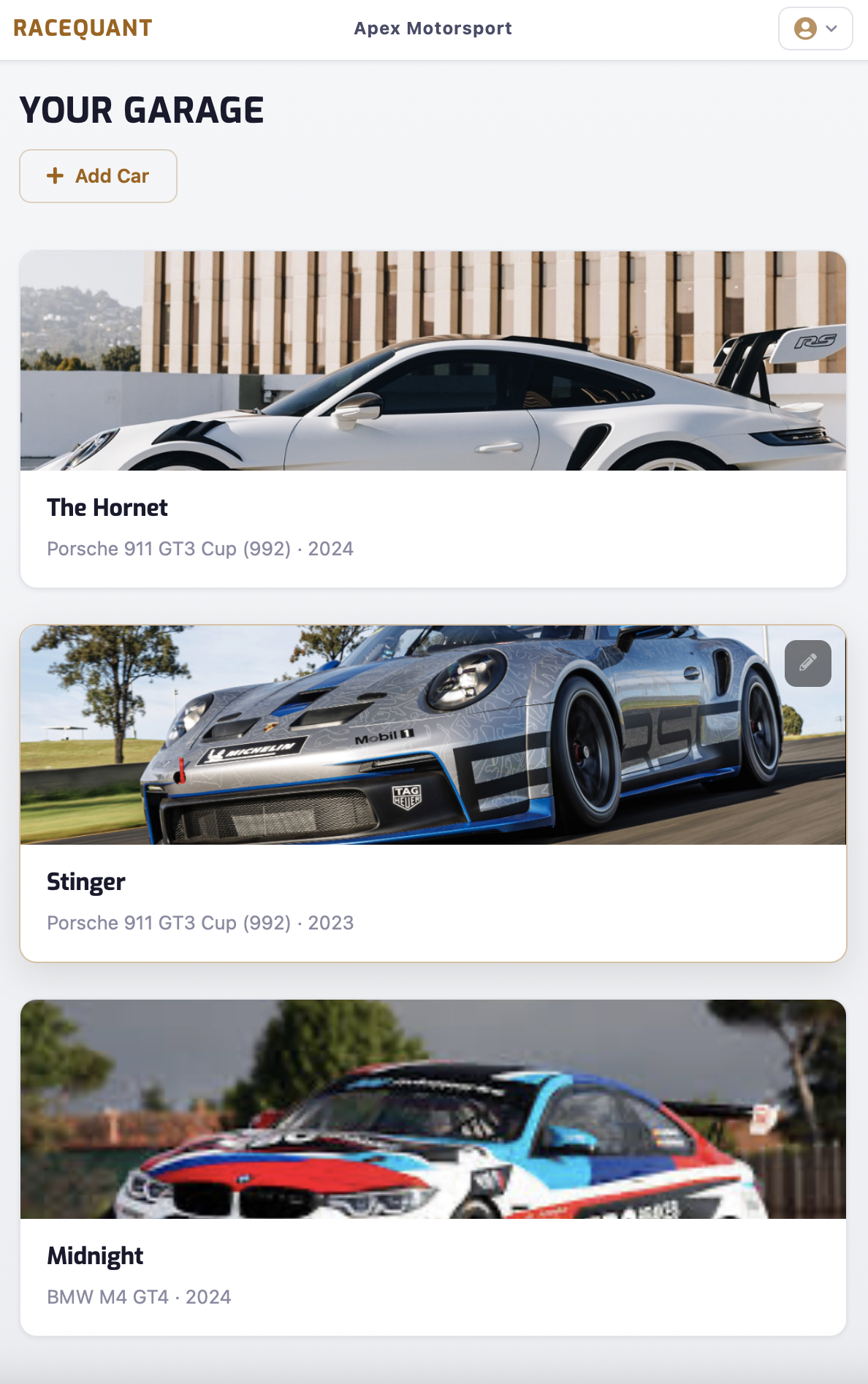 RaceQuant garage view showing car cards with photos