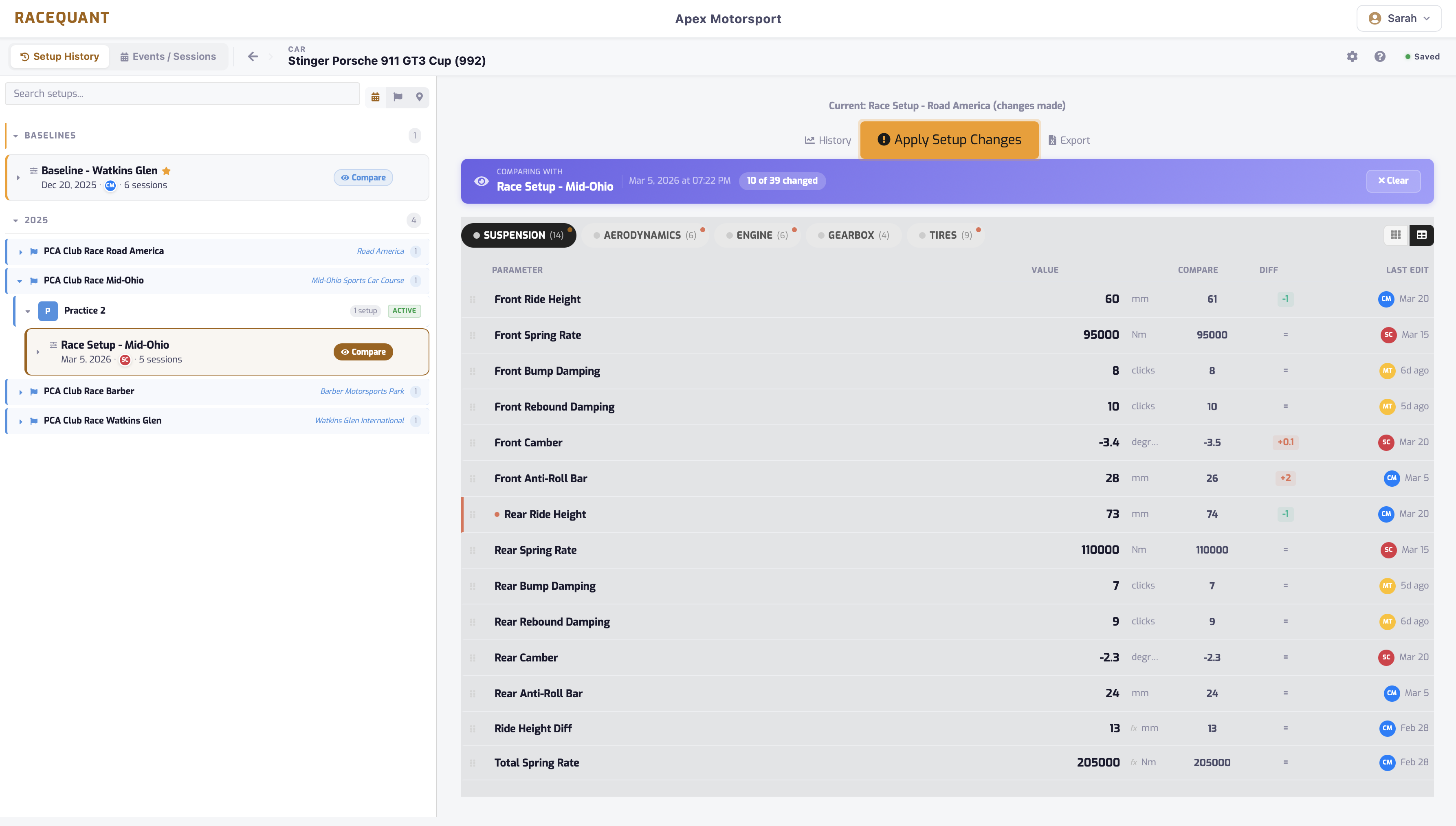 Setup history timeline with side-by-side comparison showing 8 of 39 parameters changed