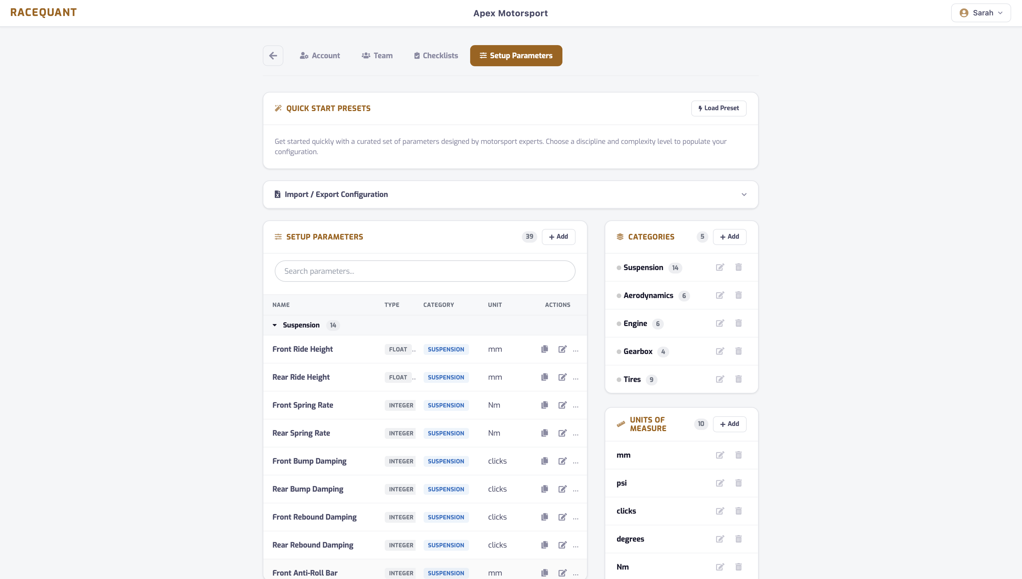 Setup parameter configuration with custom categories, data types, units of measure, and calculated fields